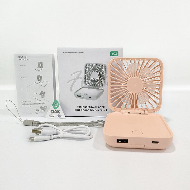 4 in 1 Mini Fan - Custom 5000mAh USB Rechargeable Table Handheld Power Bank
