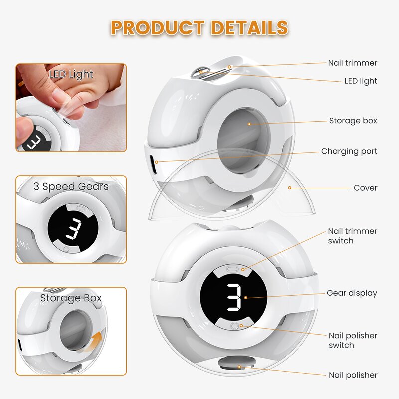 Electric Baby Nail Clipper - Wireless 3 Speed LED Light Trimmer File Storage Box
