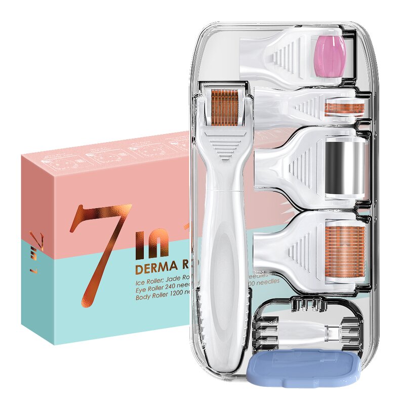 Derma Roller SET Manufacturer - Private Label 7 in 1 with Replaceable Ice Jade Roller 12 PINS Face Body