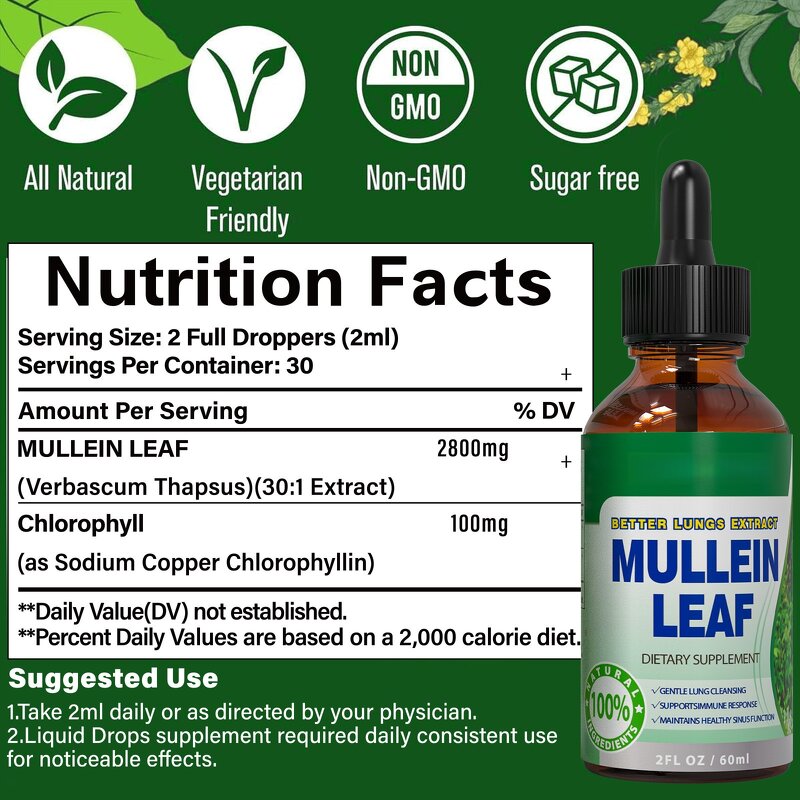 Mullein Leaf Tincture - Vigo Lung Detox Vegan Sugar Alcohol-Free Liquid Drops