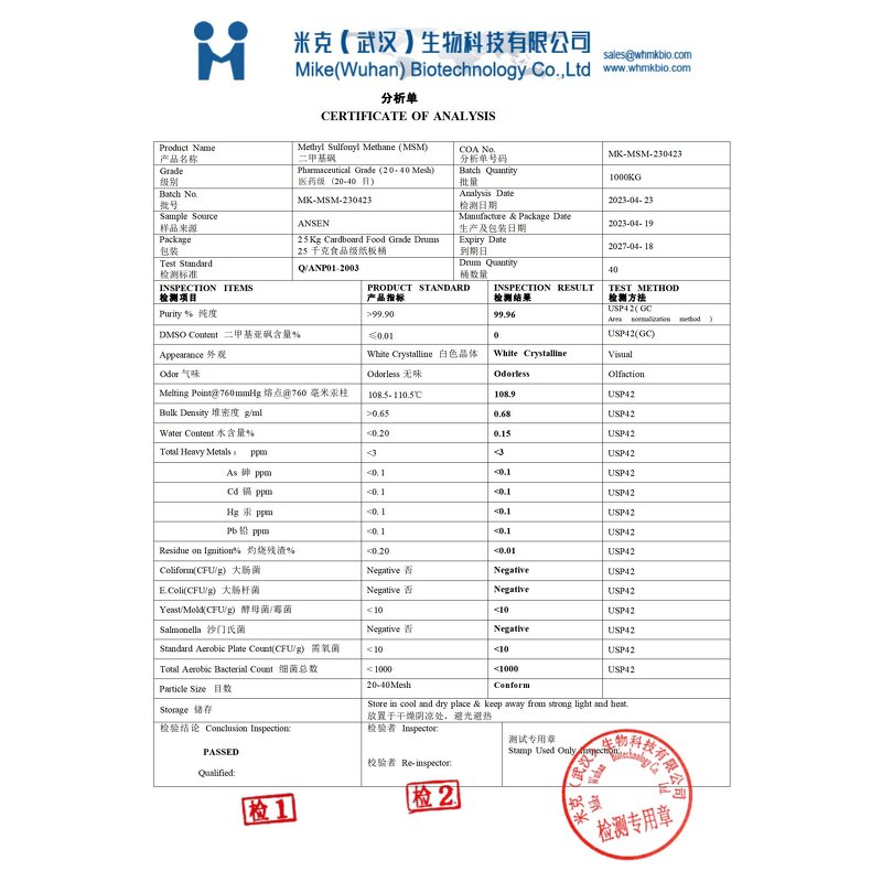 MSM Crystal - 40 60 80 Mesh Methyl Sulfonyl Methane CAS NO 67-71-0