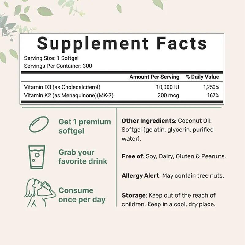 Vitamin D3 K2 Softgels Manufacturer - GMP Certified Vegetarian 10000iu 200mcg