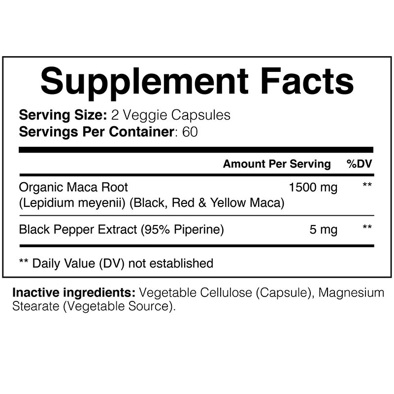 Black Maca Root Capsules - Organic 1500mg Men Women Strength Support Supplement