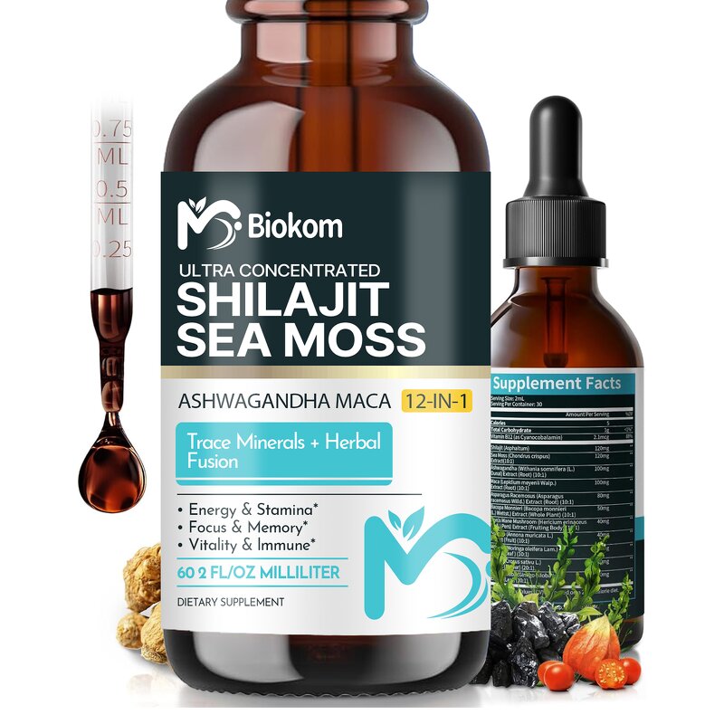 Shilajit Sea Moss Drops - OEM 12-in-1 Ashwagandha Maca Lion's Mane Supplement