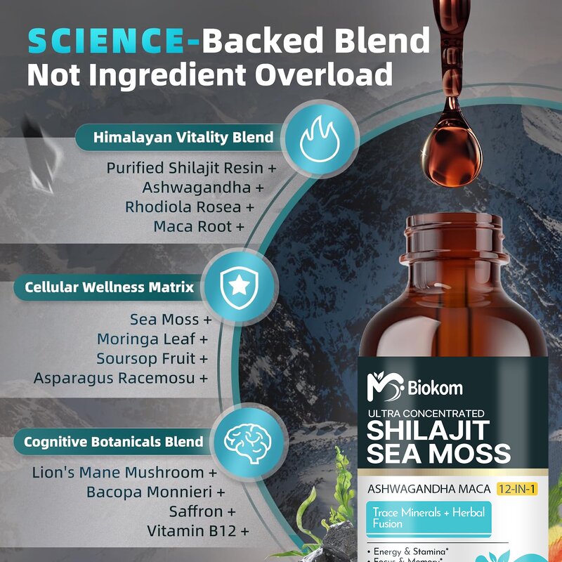 Shilajit Sea Moss Drops - OEM 12-in-1 Ashwagandha Maca Lion's Mane Supplement
