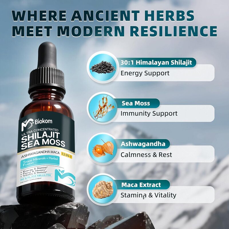 Shilajit Sea Moss Drops - OEM 12-in-1 Ashwagandha Maca Lion's Mane Supplement