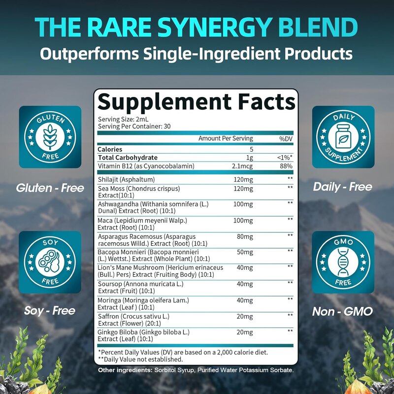 Shilajit Sea Moss Drops - OEM 12-in-1 Ashwagandha Maca Lion's Mane Supplement