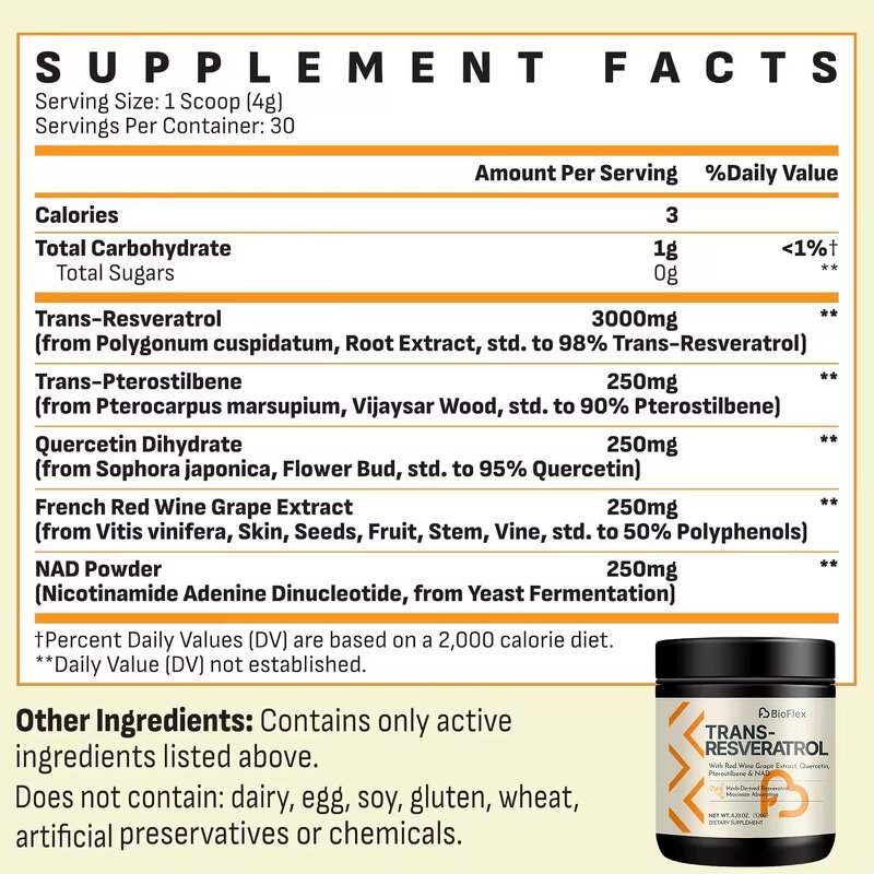 NAD Resveratrol Powder - 4000mg Sugar Free Herb-Derived Quercetin Antioxidant