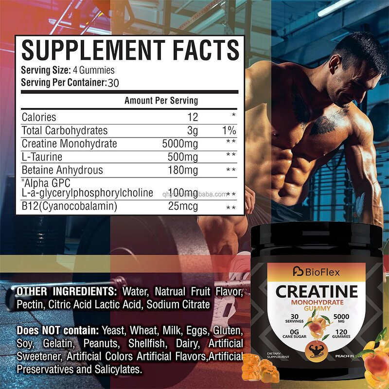 Creatine Pre-Workout Gummies - Private Label Sugar Free L-Taurine B12 5g Energy