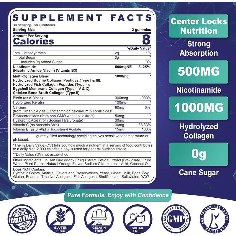 NAD+ Gummies Manufacturer - 500mg with Vitamin B3 Niacinamide Collagen Peptides & OEM