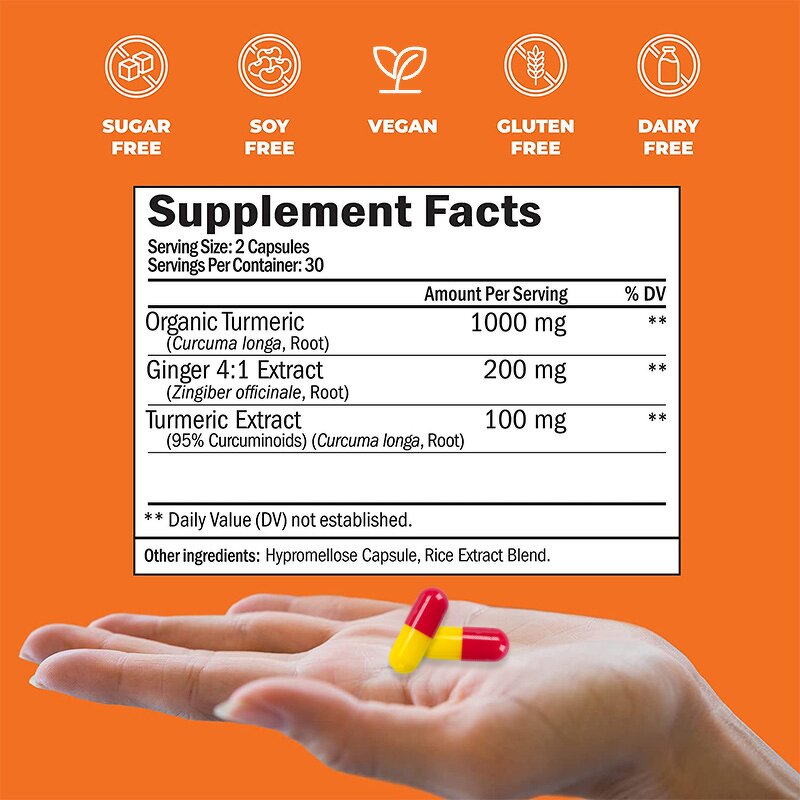 Turmeric Capsules - Organic 60 Count Digestive Health Men Women Plant Extract