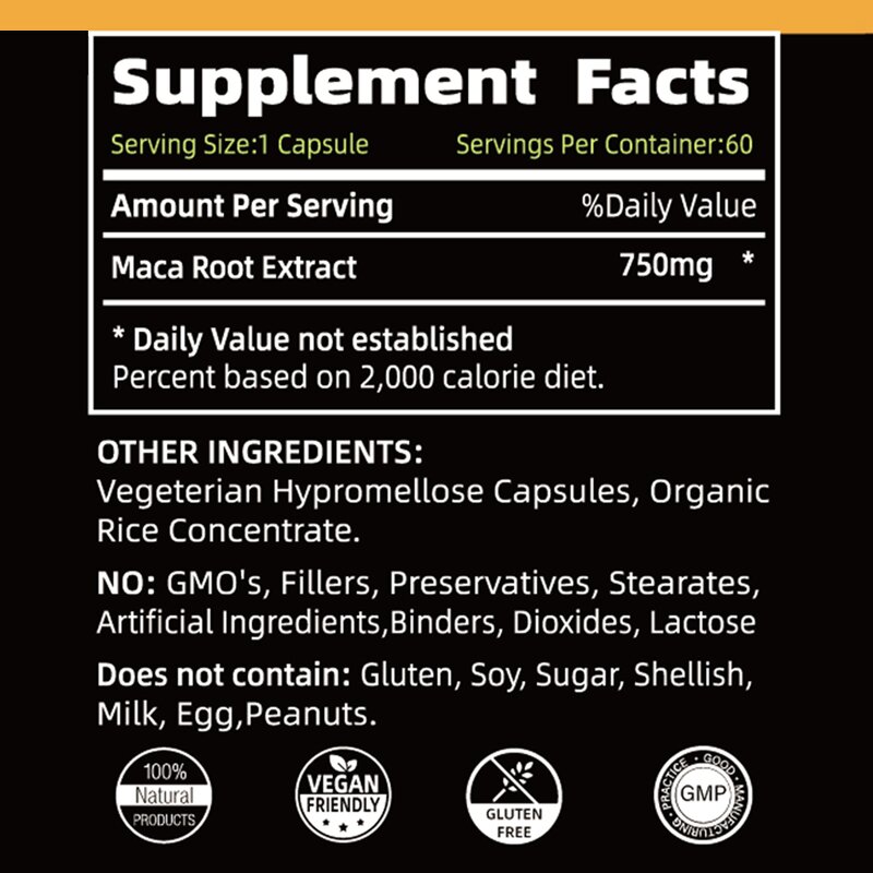 Maca Root Capsules - 750mg 60 Count Peruvian Men Women Supplement
