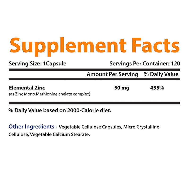 Zinc Capsules - Mono Methionine Chelate Immune Health 120 Count Adult