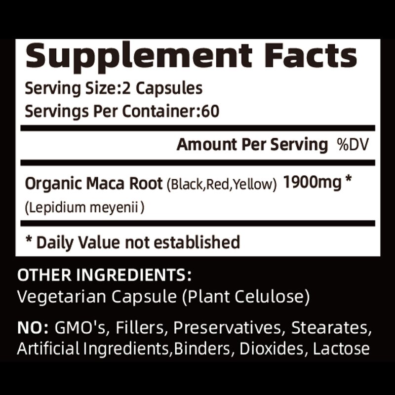 Maca Root Capsules - 1500mg Black Red Yellow Peruvian Penis Enlargement