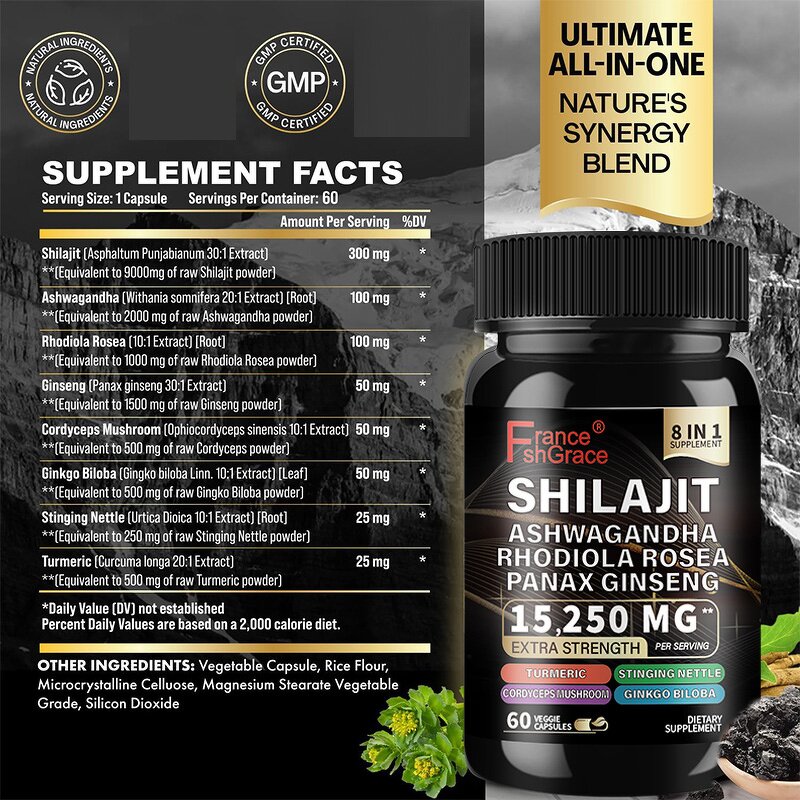 Shilajit Capsules - Sea Moss Ashwagandha Tongkat Ali Boron Magnesium Men 60 Count