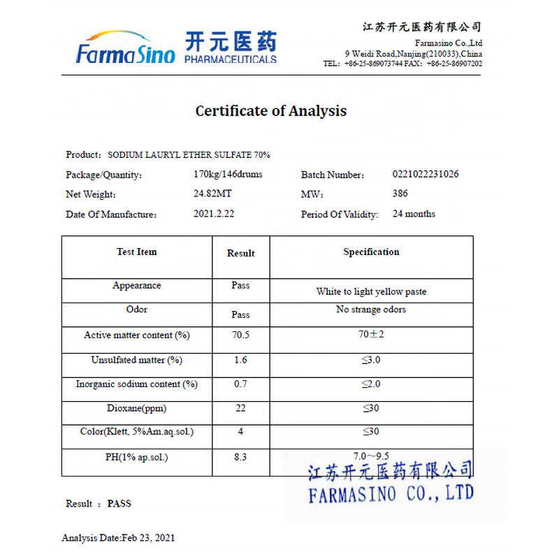 Sodium Lauryl Ether Sulfate Manufacturer - SLES 28% 70% CAS 68585-34-2 Farmasino