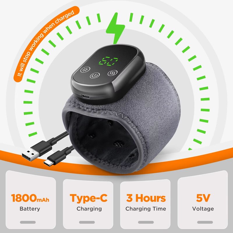 Cordless Wrist Massager - 3-Level Vibration 5-Temp 30-Minute Timer 1800mAh