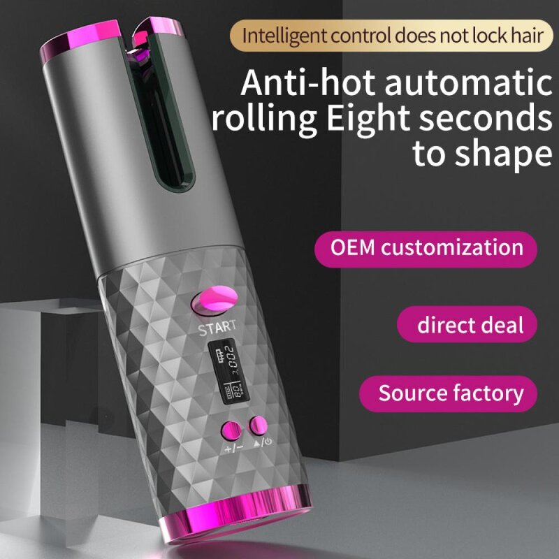 USB Curling Iron - Cordless LED Display 3000 Automatic Rotating Temperature Control