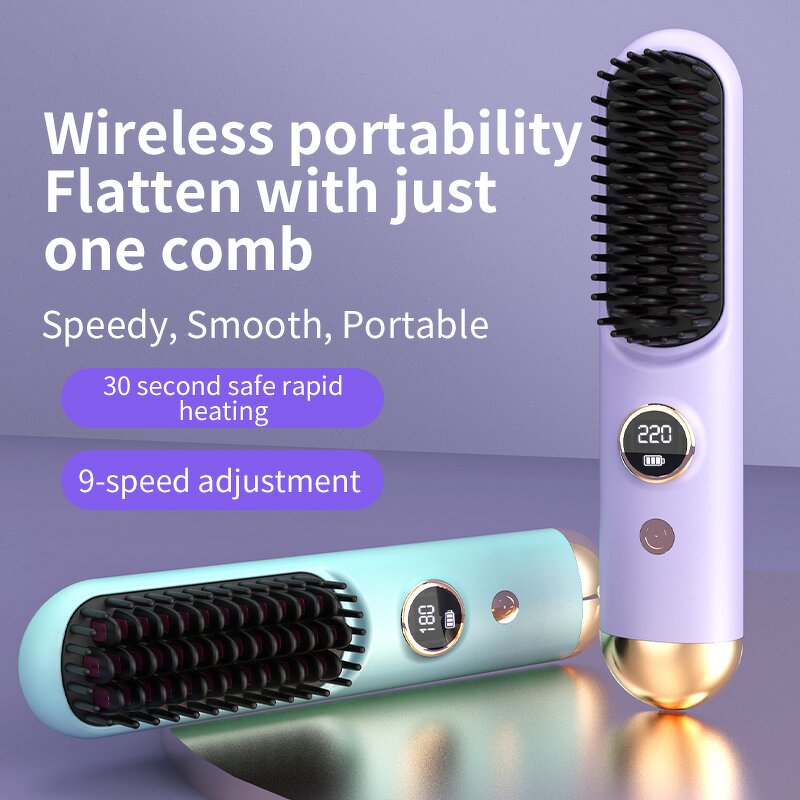 CE 2-in-1 Hair Styler - Digital Display Wireless USB Comb Curling Iron Straightener