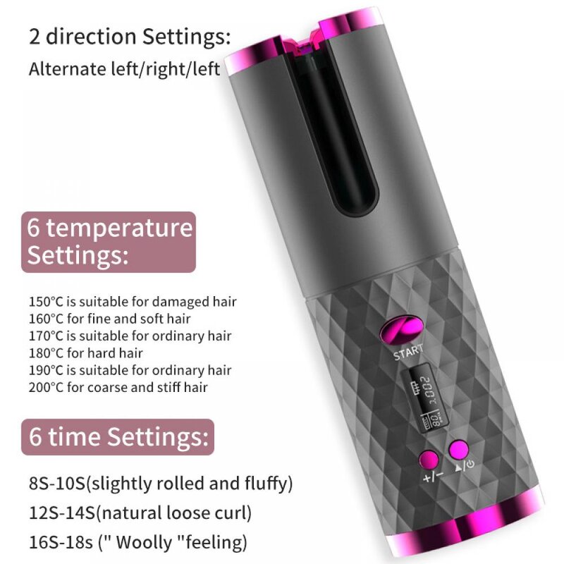 USB Curling Iron - Cordless LED Display 3000 Automatic Rotating Temperature Control