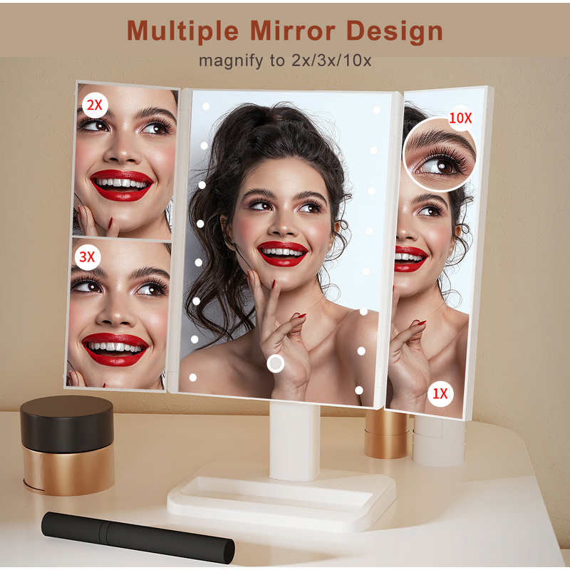 Makeup Mirror Manufacturer - Cosmetic LED Folding Portable Trifold Desktop Magnification 3x 1x
