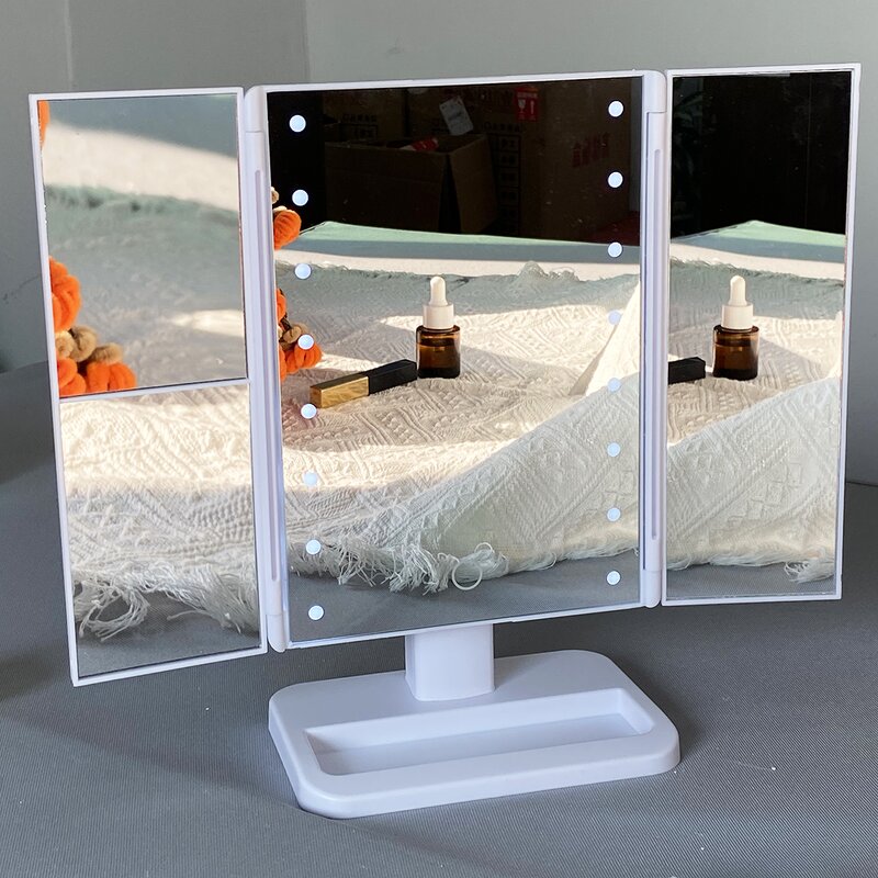 Makeup Mirror Manufacturer - Small Desktop Trifold Square Glass with LED Lights Battery-Powered