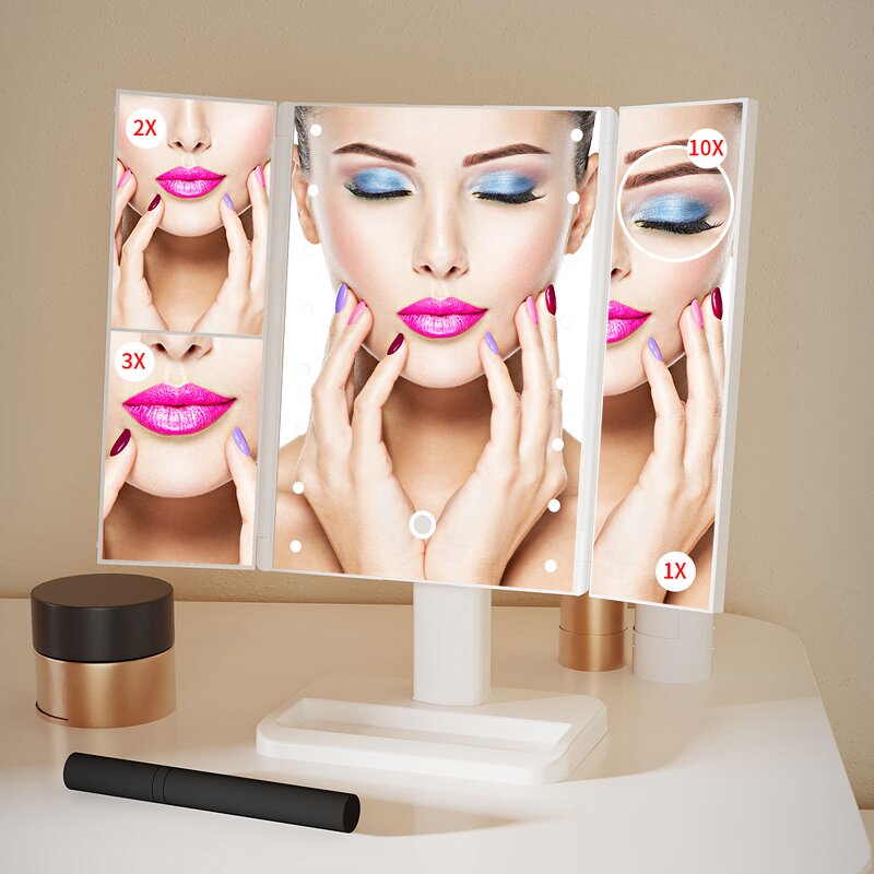Makeup Mirror Manufacturer - Small Desktop Trifold Square Glass with LED Lights Battery-Powered