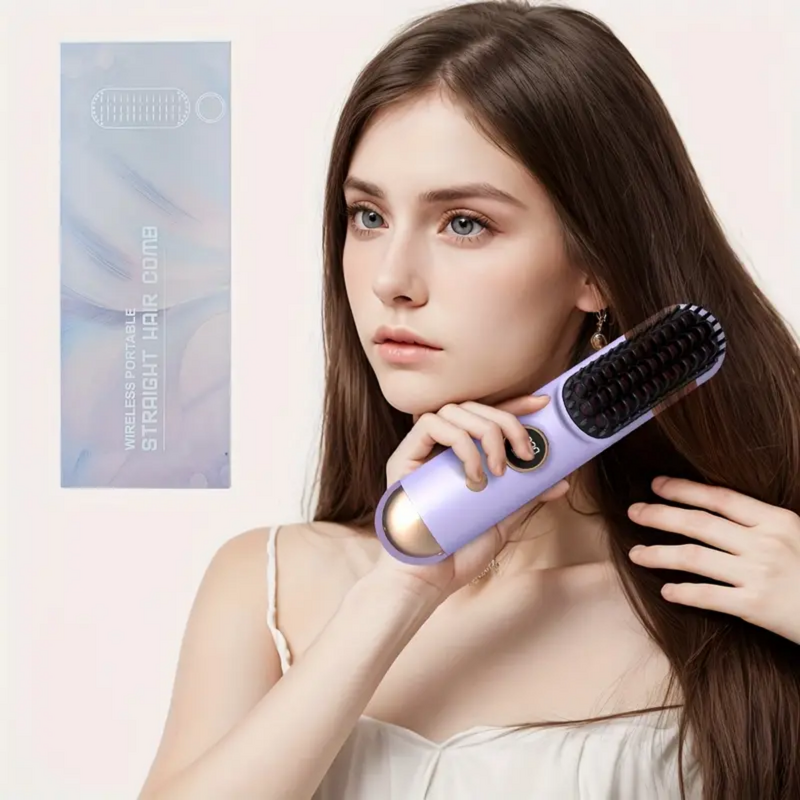 Cordless Straightening Brush - Rechargeable LCD Display Portable Wireless Hair Tool