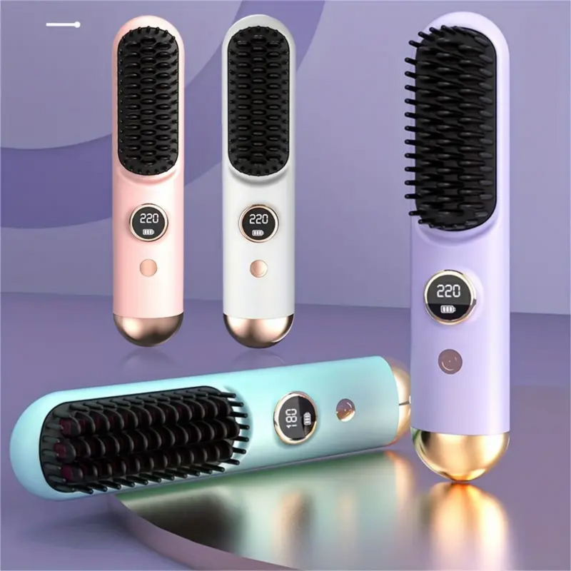 Cordless Straightening Brush - Rechargeable LCD Display Portable Wireless Hair Tool