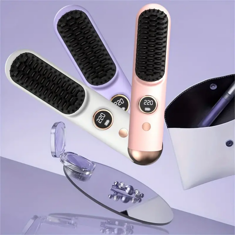 Cordless Straightening Brush - Rechargeable LCD Display Portable Wireless Hair Tool