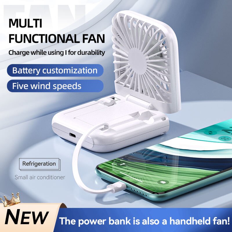 USB Handheld Fan - Mini Cooler Built-in Cable Folding Desktop Power Bank Tool