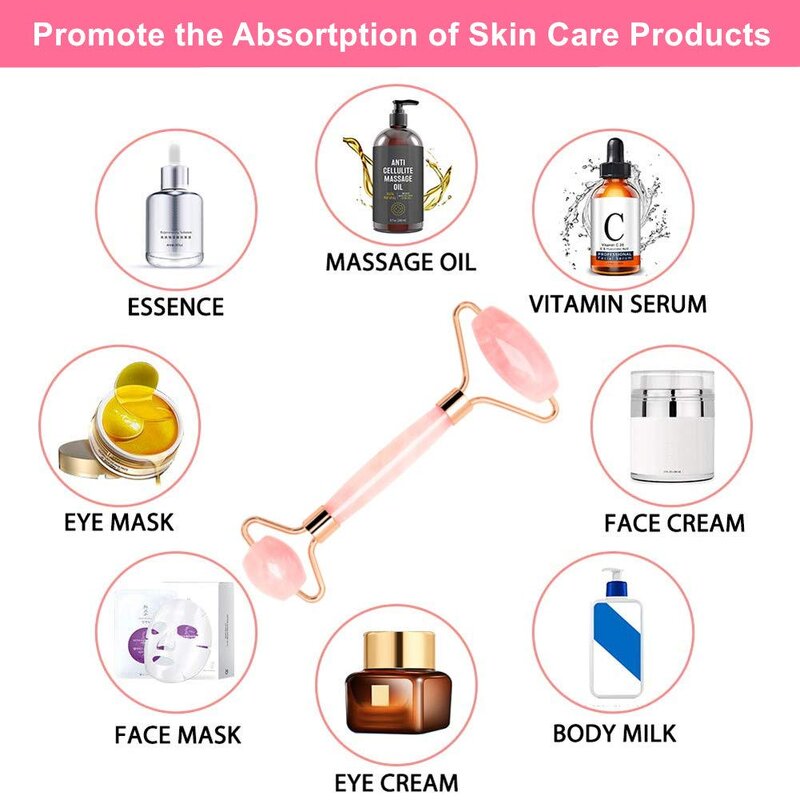 Jade Facial Roller Set - Natural Pink Crystal Quartz Stone Beauty Massage Tool