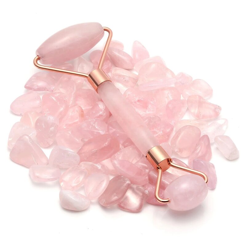Jade Facial Roller Set - Natural Pink Crystal Quartz Stone Beauty Massage Tool