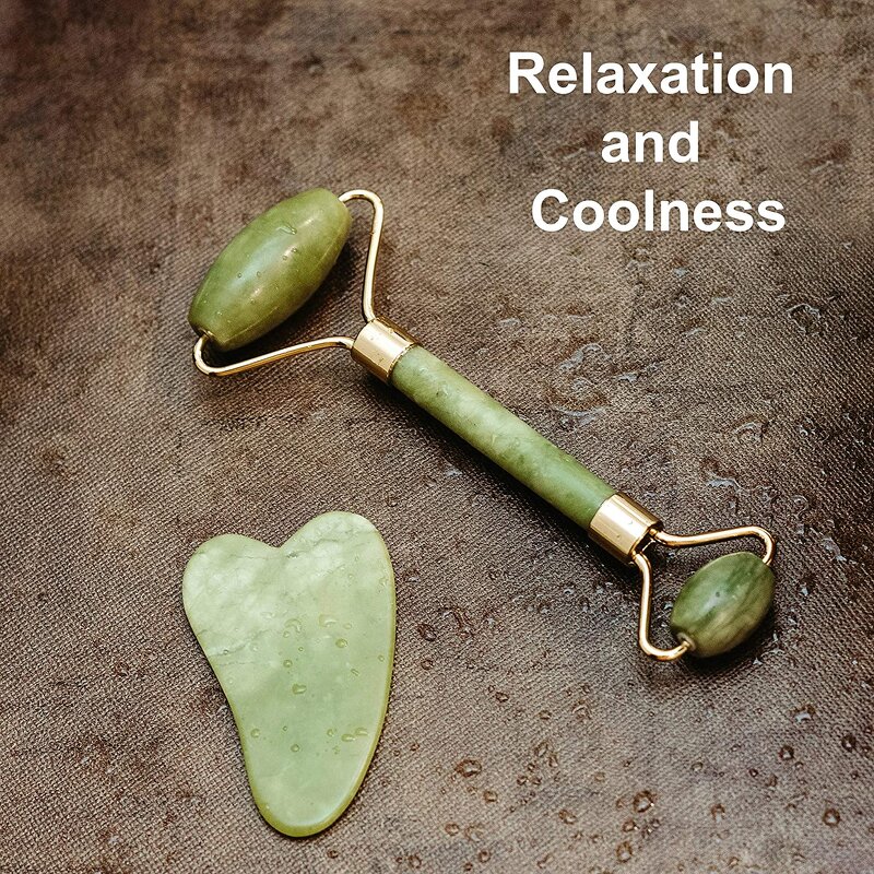 Jade Roller Massager - 100% Natural Himalayan Double-Neck Facial De-Puffing Tool