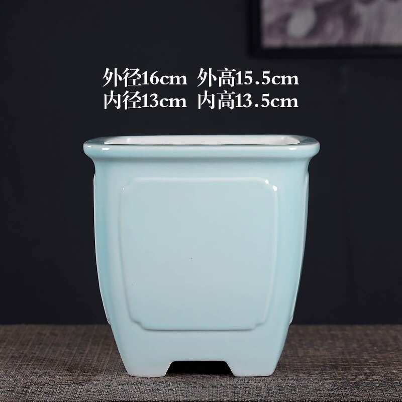 Ceramic Flower Pot - Rectangular Square Drainage Hole Home Office Desk Decor Tool