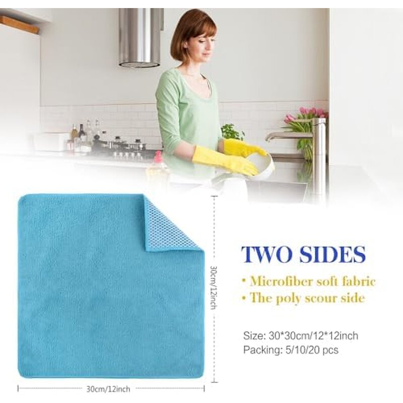 Microfiber Cleaning Cloth - 12x12 Inch Kitchen Dish Rag Scouring 5 Color Tool