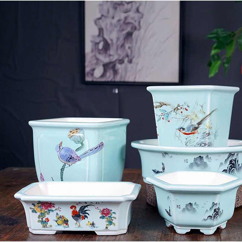 Chinese Ceramic Bonsai Pot - Large Rectangular Drainage Saucer Indoor Outdoor Tool