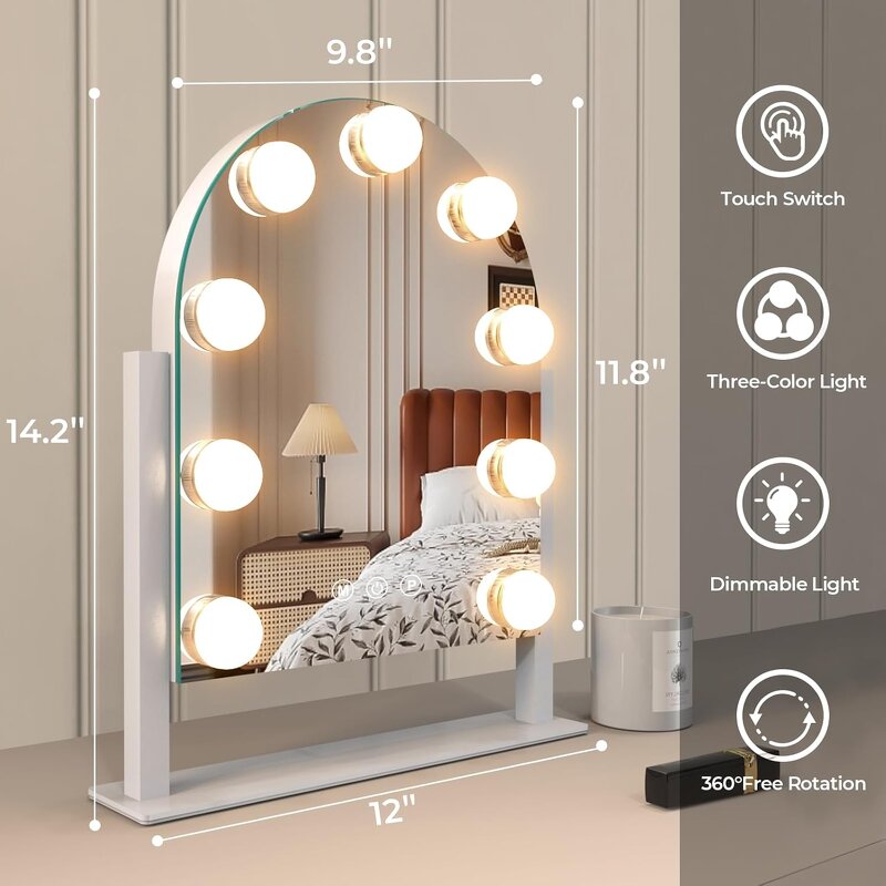 Lighted Vanity Mirror - 360° Rotation 3 Color Dimmable Metal Makeup Tool