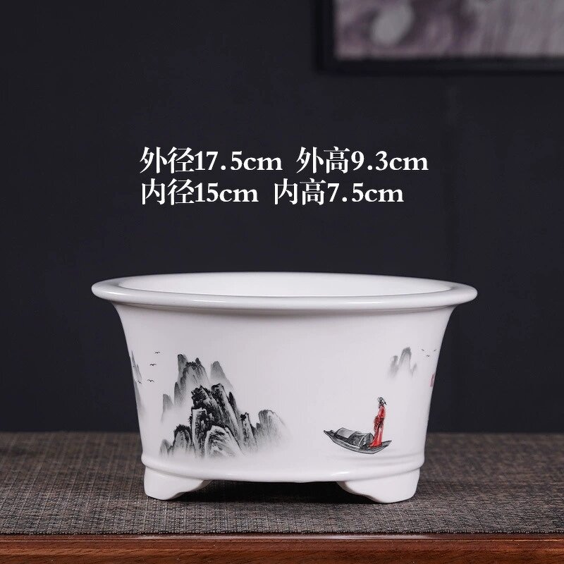 Ceramic Bonsai Pot - Indoor Ink Landscape Painting Flower Planter Decor Tool