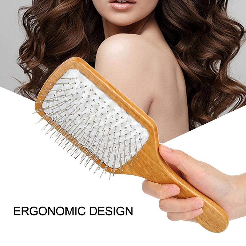 Round Wooden Hair Brush - Professional Laser Bamboo Metal Pin Scalp Massage Tool