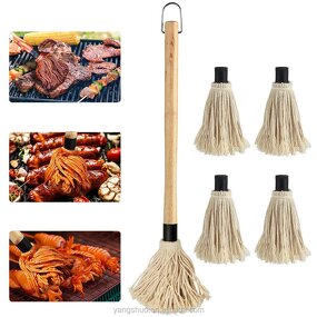 BBQ Mop Brush - Long Wooden Handle Cotton Fiber Head Oil Sauce Basting Tool