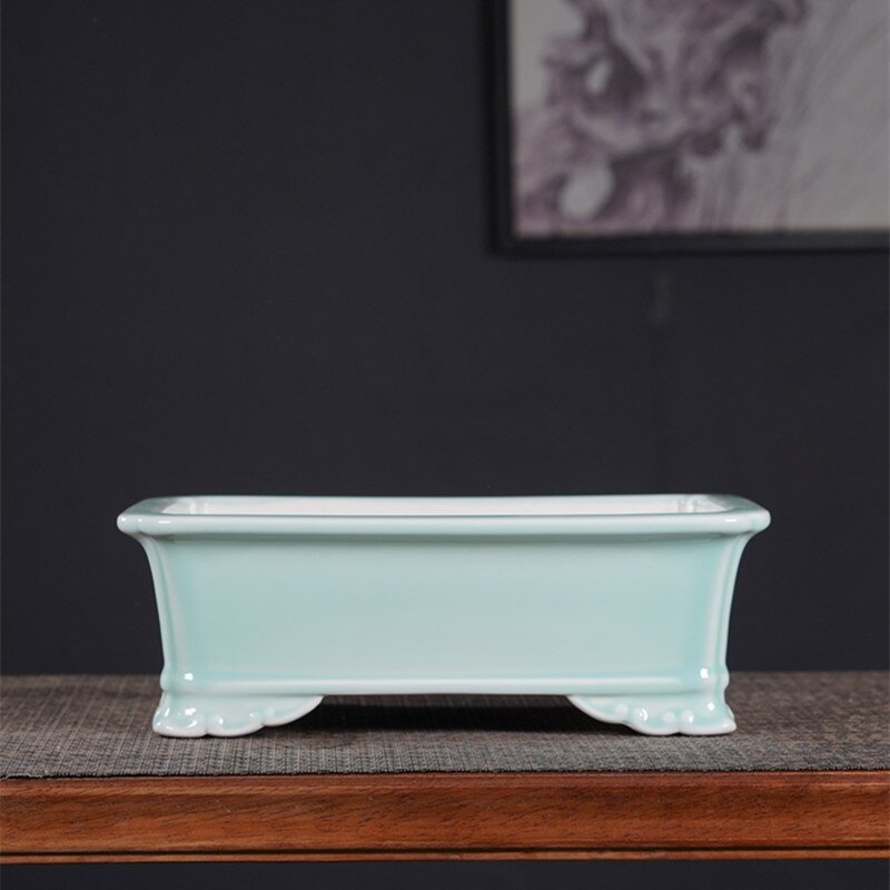 Ceramic Flower Pot - Rectangular Square Drainage Hole Home Office Desk Decor Tool