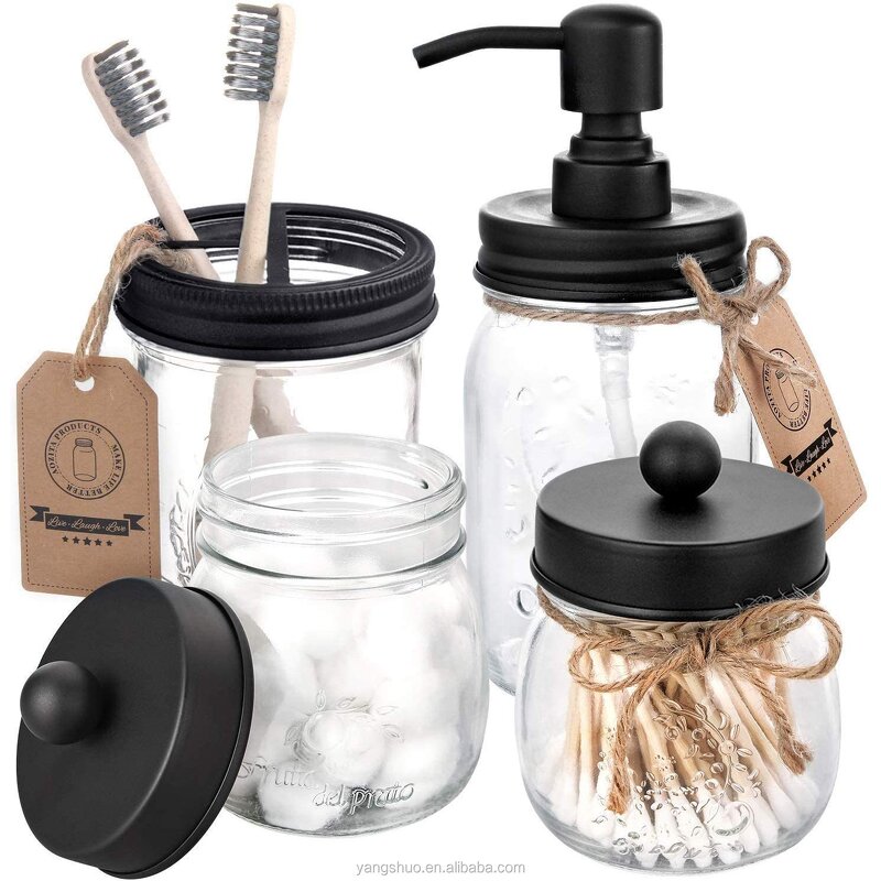 Glass Bathroom Set - 4-Piece Eco-Friendly Soap Dispenser Jar Home Decor Tool