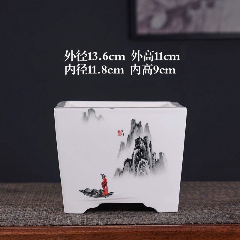 Ceramic Bonsai Pot - Indoor Ink Landscape Painting Flower Planter Decor Tool
