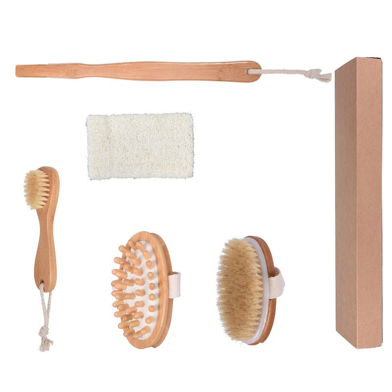 Boar Bristle Brush Set - Natural Dry Body Exfoliating Lymphatic Drainage Tool