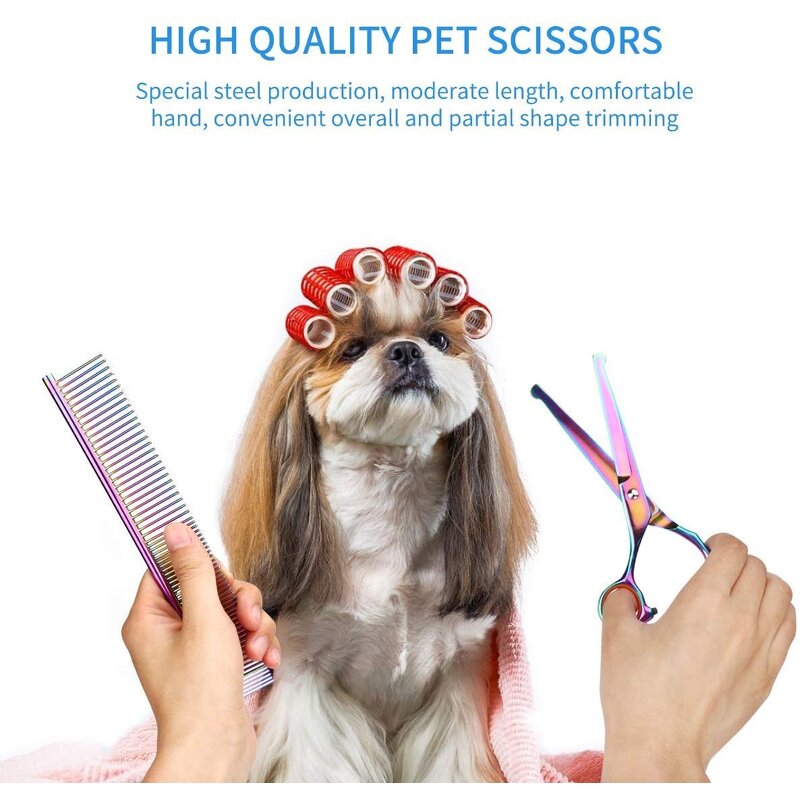 Dog Grooming Scissors - Best Quality 3 Curved Pet Set with Comb Grooming Tool