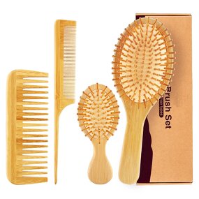 Bamboo Hair Comb Set - Paddle Wide-tooth Tail Detangling Men Women Kids Tool