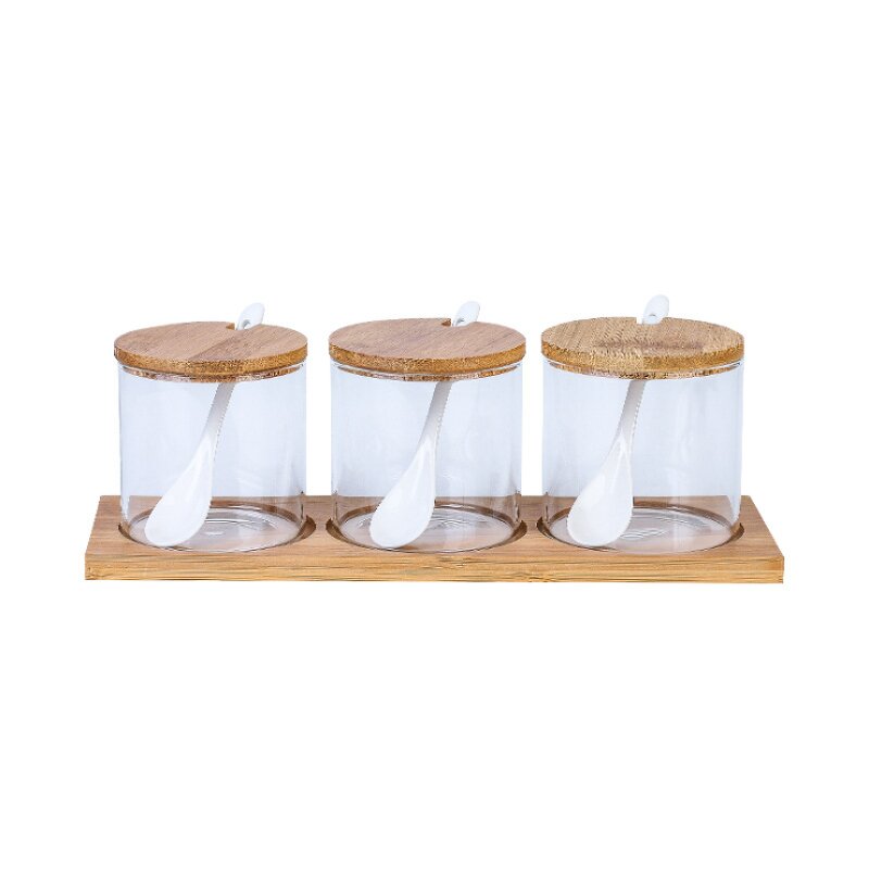 Glass Spice Jar Set - Modern Style with Bamboo Tray Kitchen Storage Tool