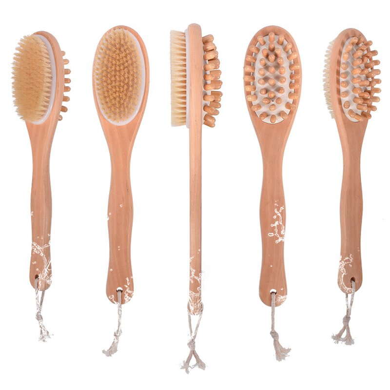 Boar Bristle Bath Brush - Custom Long Handle Two Sided Hardwood Body Tool