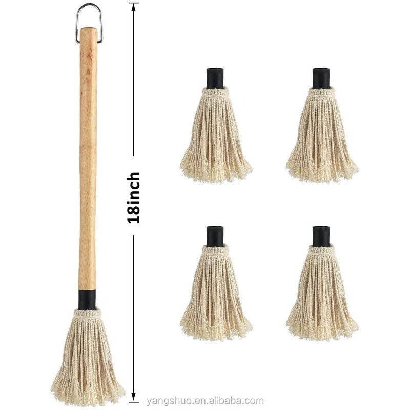 BBQ Mop Brush - Long Wooden Handle Cotton Fiber Head Oil Sauce Basting Tool